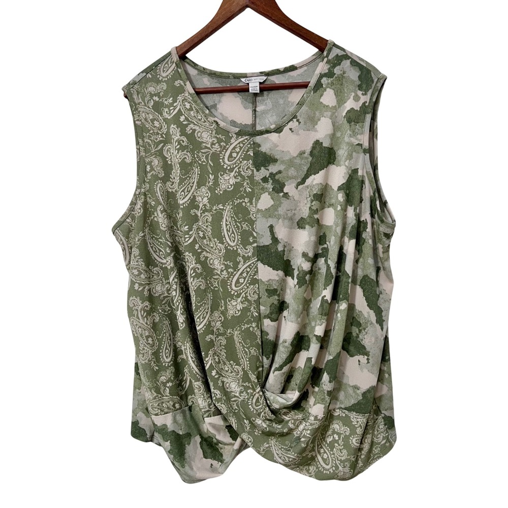 Cato Womens Plus 18/20W Green Paisley Camo‎ Twist Front Sleeveless Knit Top